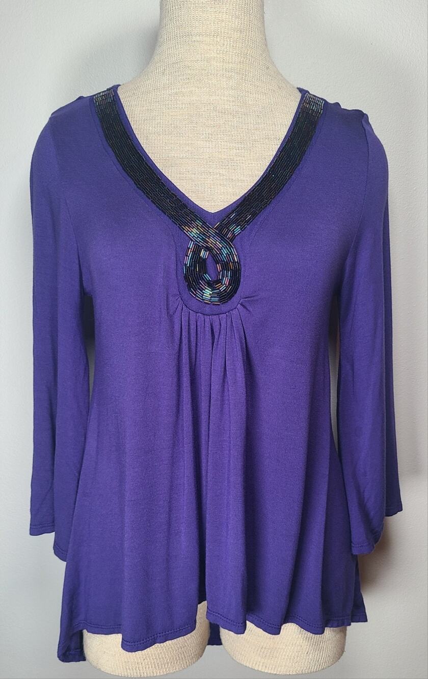 Charming Charlie Beaded V-Neck Top 3/4 Bell Sleeve Medium Blue Romantic Y2K USA